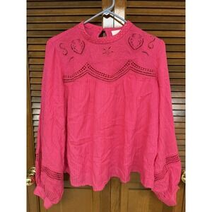 Anthropologie‎ Boho Blouse M Pink Embroidered Lace Top Cottagecore Feminine